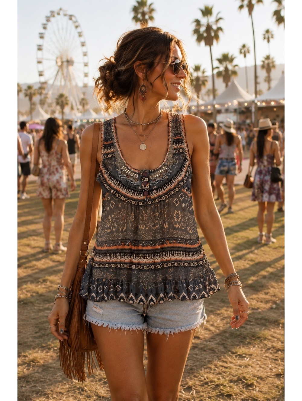 Solitaire Beaded Boho Festival Tank Top Fairy Grunge Ruffle Hem Size M - Picture 1 of 9